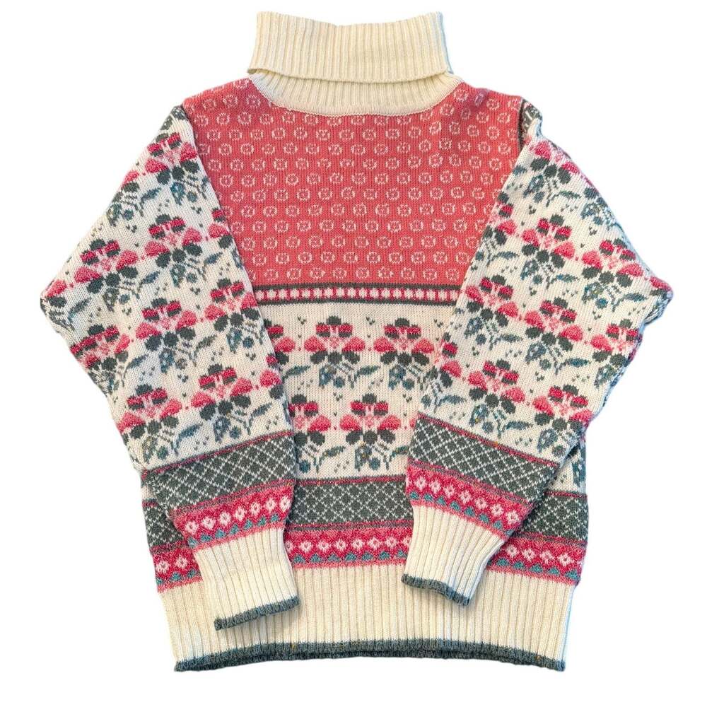 Vintage 80s Lauren & Leah Fair Isle Turtleneck Sweater Pink Cream Silver Large